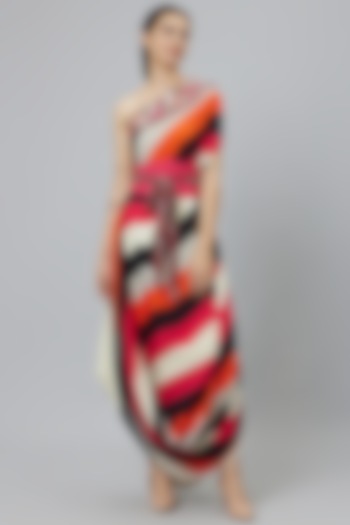 Multi-Colored Crepe Printed One-Shoulder Cowl Dress by SVA BY SONAM & PARAS MODI