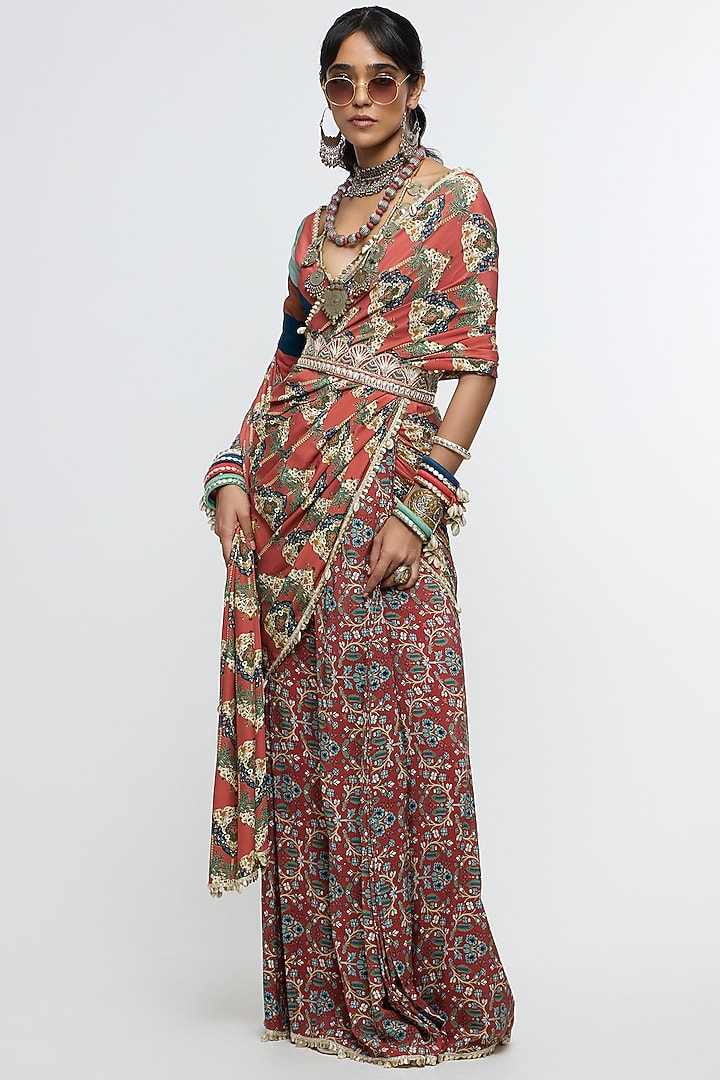 Rust Italian Crepe Printed Draped Wedding Saree Set by SVA BY SONAM & PARAS MODI at Pernia's Pop Up Shop