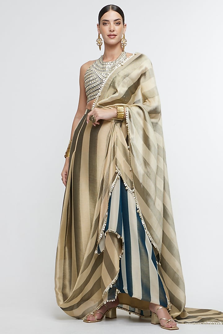 Soft Champagne & Muted Blue Metallic Fabric Striped Embellished Reception Saree Set by SVA BY SONAM & PARAS MODI at Pernia's Pop Up Shop