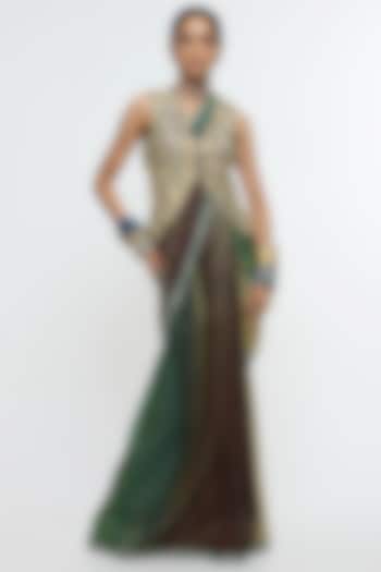 Midnight Blue Habutai & Raw Silk Draped Bridal Saree Set by SVA BY SONAM & PARAS MODI at Pernia's Pop Up Shop