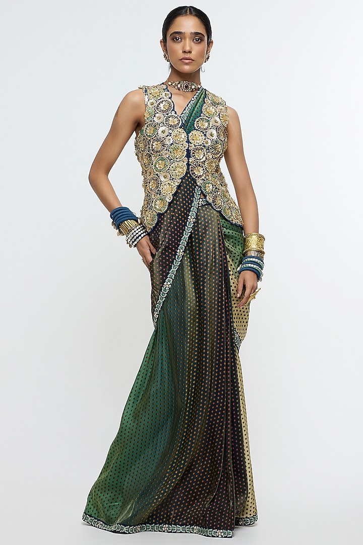 Midnight Blue Habutai & Raw Silk Draped Bridal Saree Set by SVA BY SONAM & PARAS MODI at Pernia's Pop Up Shop