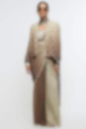 Brown Ombre Crepe Printed Jacket Reception Saree Set by SVA BY SONAM & PARAS MODI at Pernia's Pop Up Shop