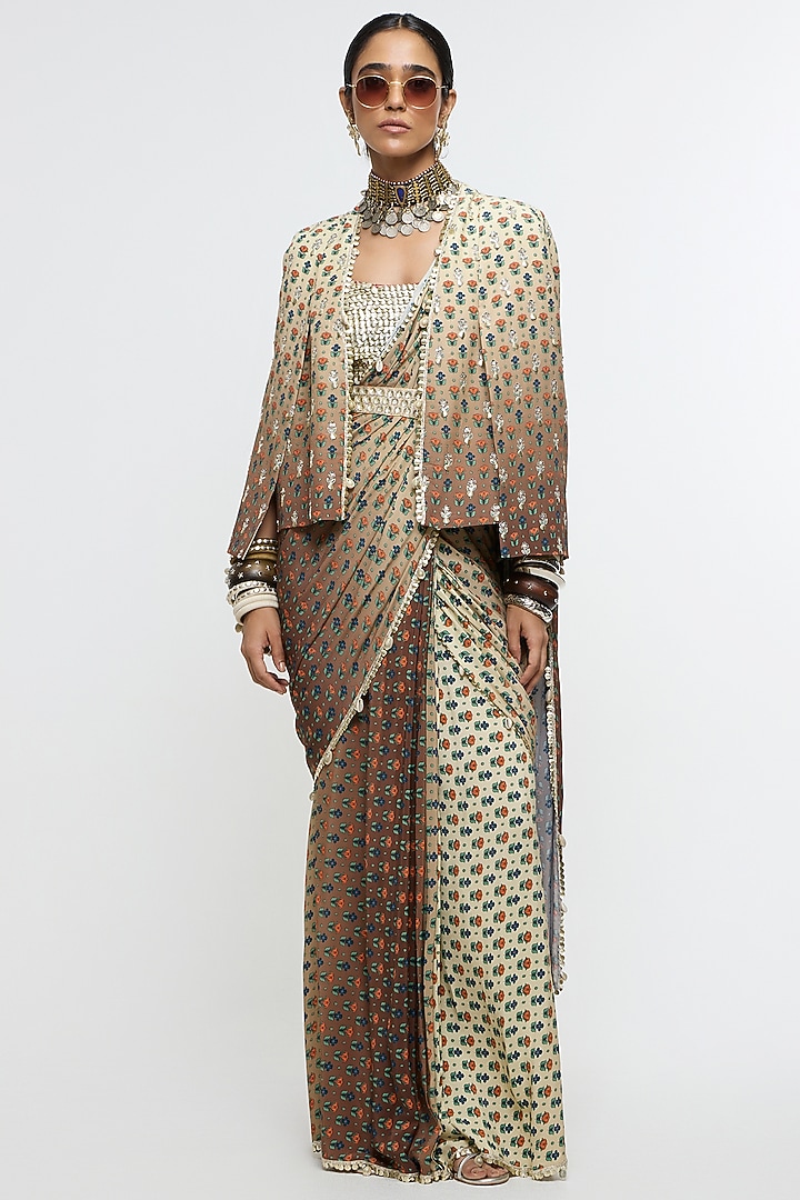 Brown Ombre Crepe Printed Jacket Reception Saree Set by SVA BY SONAM & PARAS MODI at Pernia's Pop Up Shop