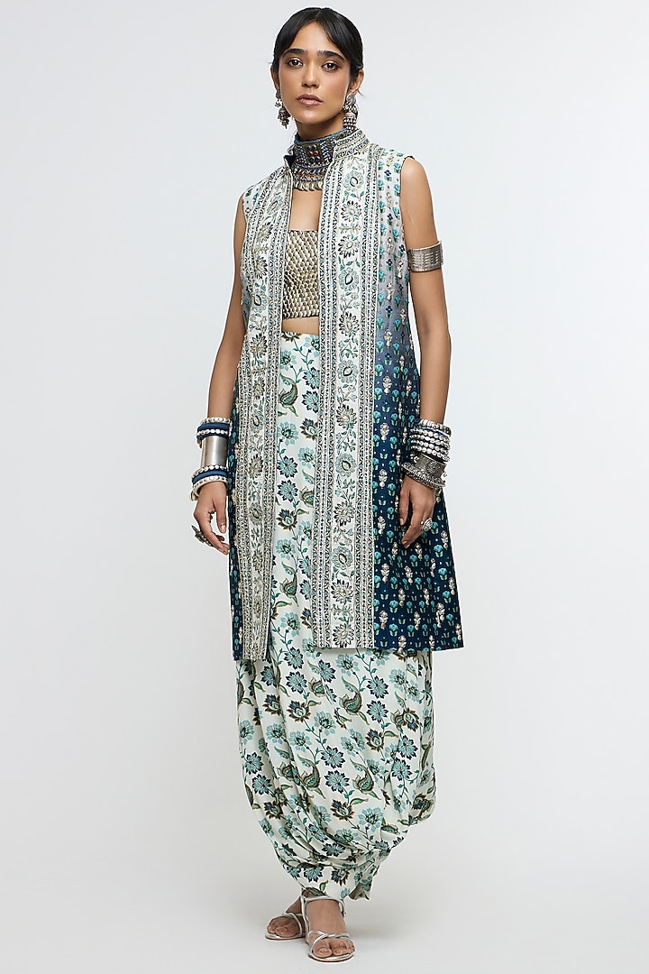 White Raw Silk Printed Jacket Set by SVA BY SONAM & PARAS MODI at Pernia's Pop Up Shop