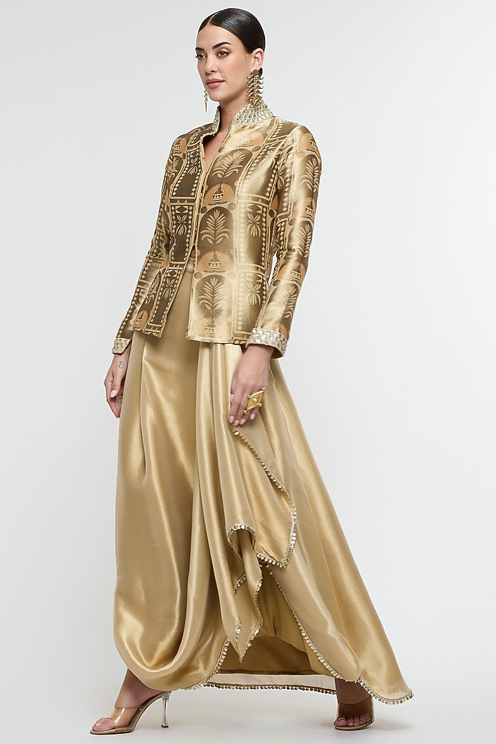 Gold Metallic Fabric Draped Skirt Set by SVA BY SONAM & PARAS MODI at Pernia's Pop Up Shop
