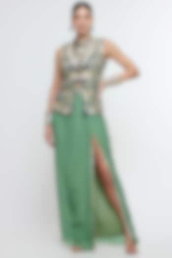 Green Raw Silk High-Slit Skirt Set by SVA BY SONAM & PARAS MODI at Pernia's Pop Up Shop