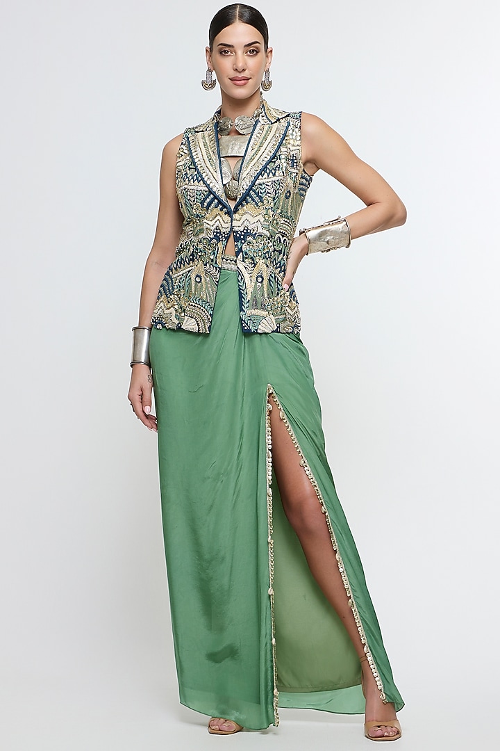 Green Raw Silk High-Slit Skirt Set by SVA BY SONAM & PARAS MODI at Pernia's Pop Up Shop