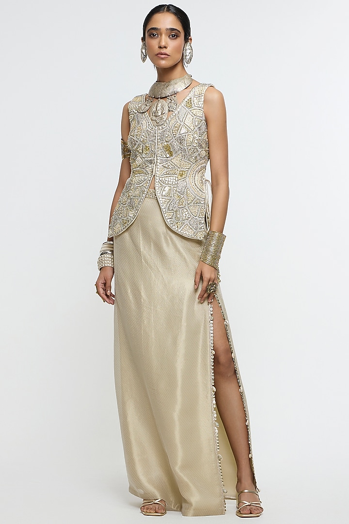 Beige Organza Tissue High-Slit Skirt Set by SVA BY SONAM & PARAS MODI at Pernia's Pop Up Shop