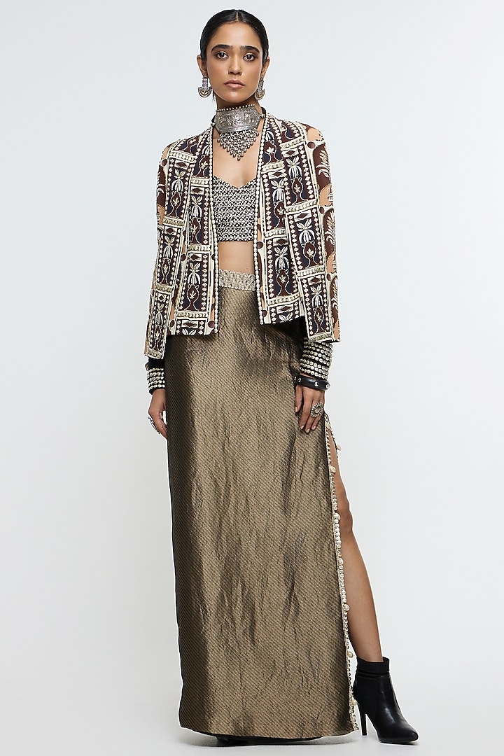 Brown Organza Tissue Draped Skirt Set by SVA BY SONAM & PARAS MODI at Pernia's Pop Up Shop