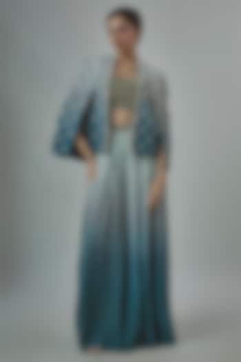 Blue Crepe Printed Pleated Pant Set by SVA BY SONAM & PARAS MODI at Pernia's Pop Up Shop