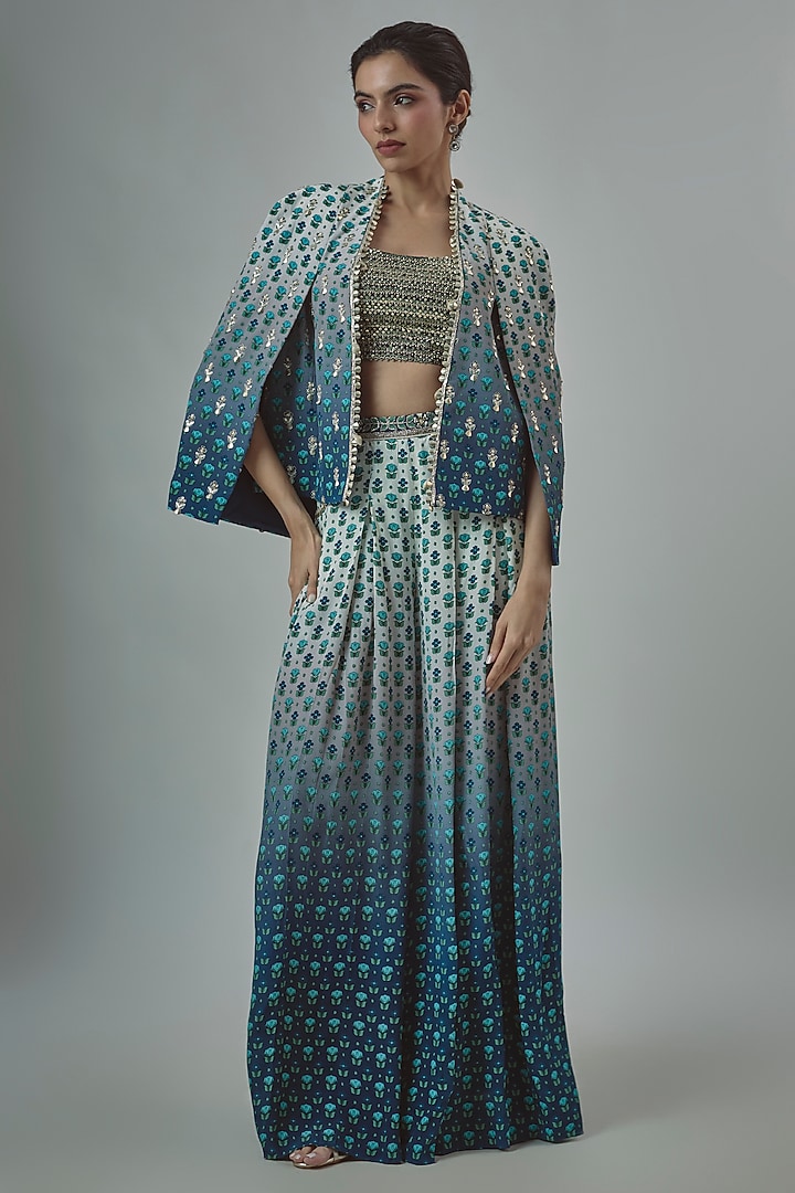 Blue Crepe Printed Pleated Pant Set by SVA BY SONAM & PARAS MODI at Pernia's Pop Up Shop