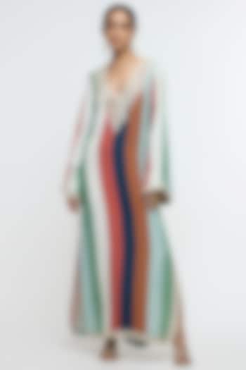 Multi-Colored Crepe Embroidered Striped Kaftan by SVA BY SONAM & PARAS MODI at Pernia's Pop Up Shop