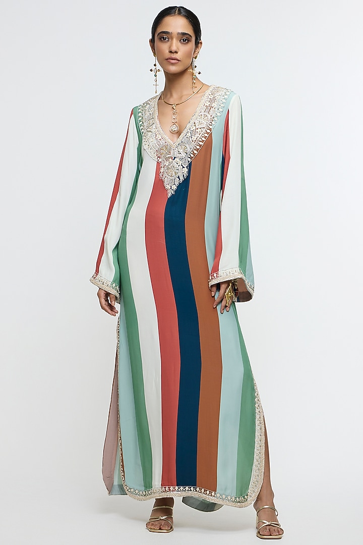 Multi-Colored Crepe Embroidered Striped Kaftan by SVA BY SONAM & PARAS MODI at Pernia's Pop Up Shop
