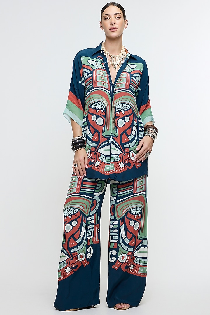 Midnight Blue Italian Crepe Printed Co-Ord Set by SVA BY SONAM & PARAS MODI at Pernia's Pop Up Shop