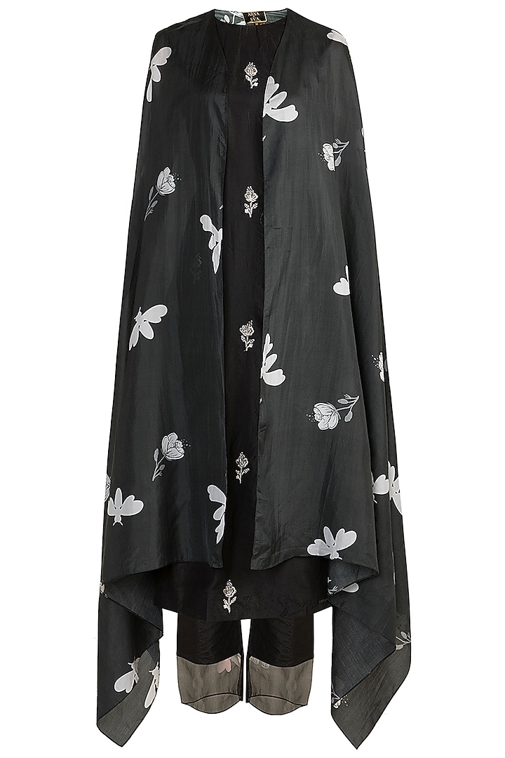 Black Embroidered Kurta With Pants & Printed Cape by Arya by SVA at Pernia's Pop Up Shop