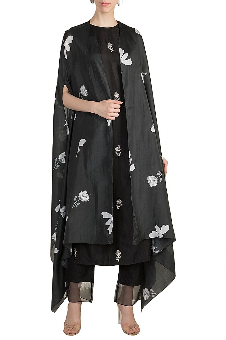 Black Embroidered Kurta With Pants & Printed Cape by Arya by SVA at Pernia's Pop Up Shop