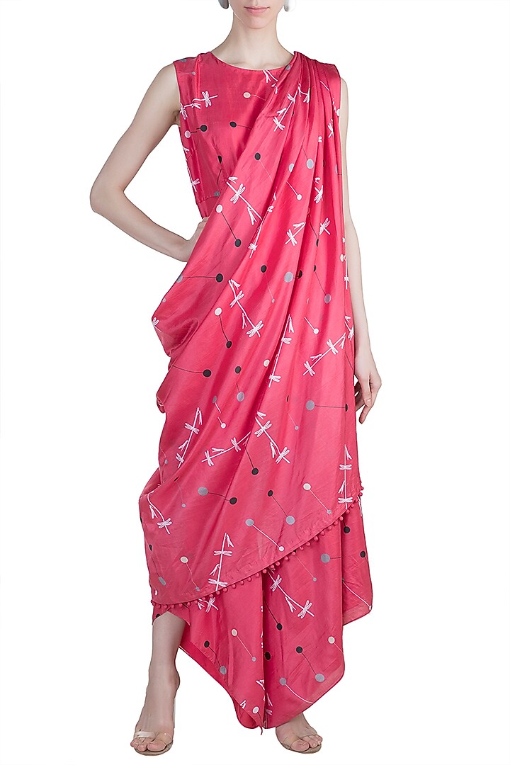 Red Printed Jumpsuit With Attached Drape by Arya by SVA at Pernia's Pop Up Shop