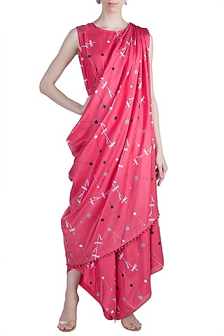 Red Printed Jumpsuit With Attached Drape by Arya by SVA