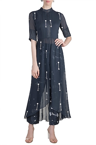 Midnight Blue Embroidered Kurta With Cigarette Pants by Arya by SVA