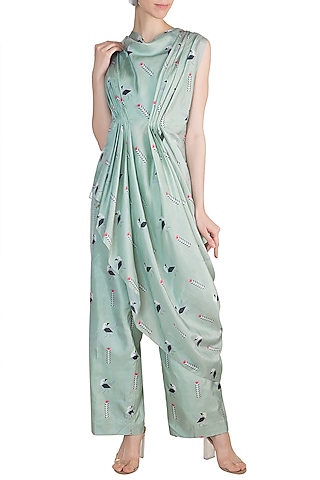 Teal Blue Printed Crop Top With Attached Drape & Palazzo Pants by Arya by SVA