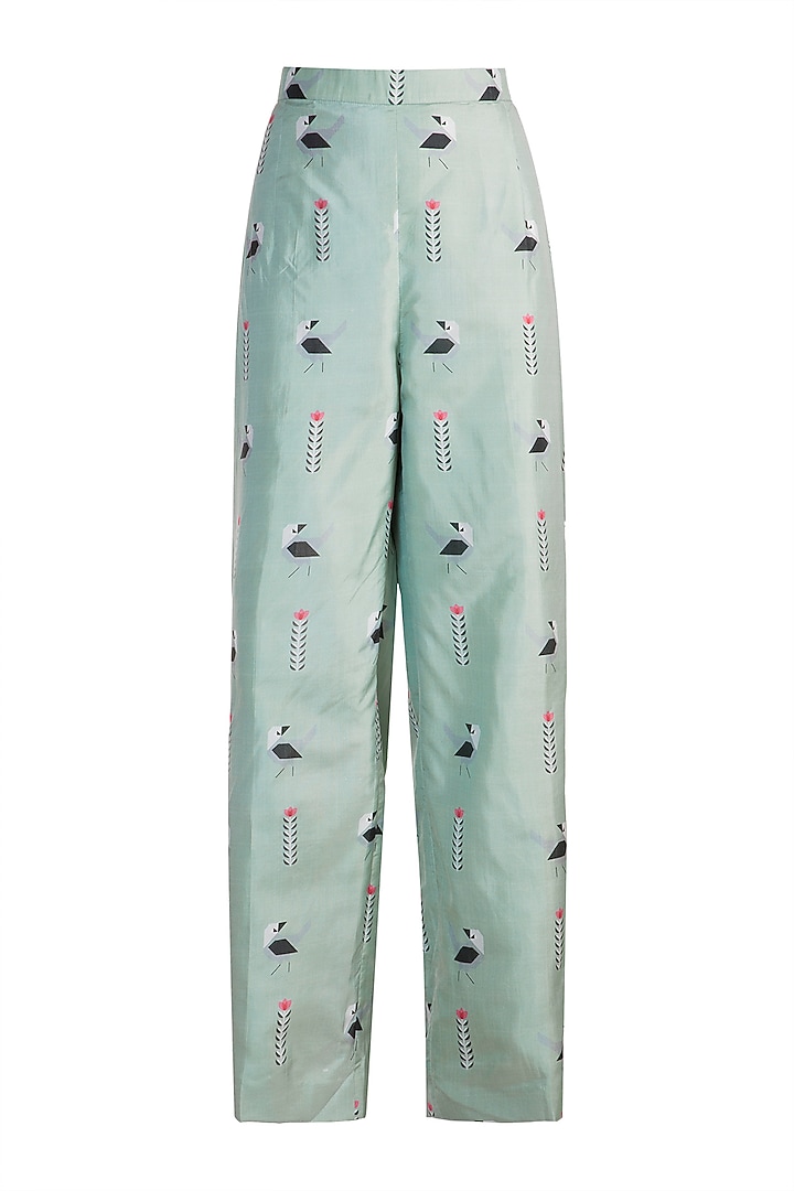 Teal Blue Printed Crop Top With Attached Drape & Palazzo Pants by Arya by SVA at Pernia's Pop Up Shop