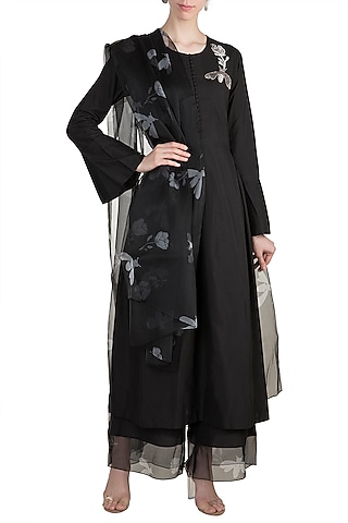 Black Embroidered Printed Kurta Set by Arya by SVA