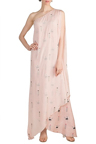 Nude Embroidered & Printed One Shoulder Kurta by Arya by SVA