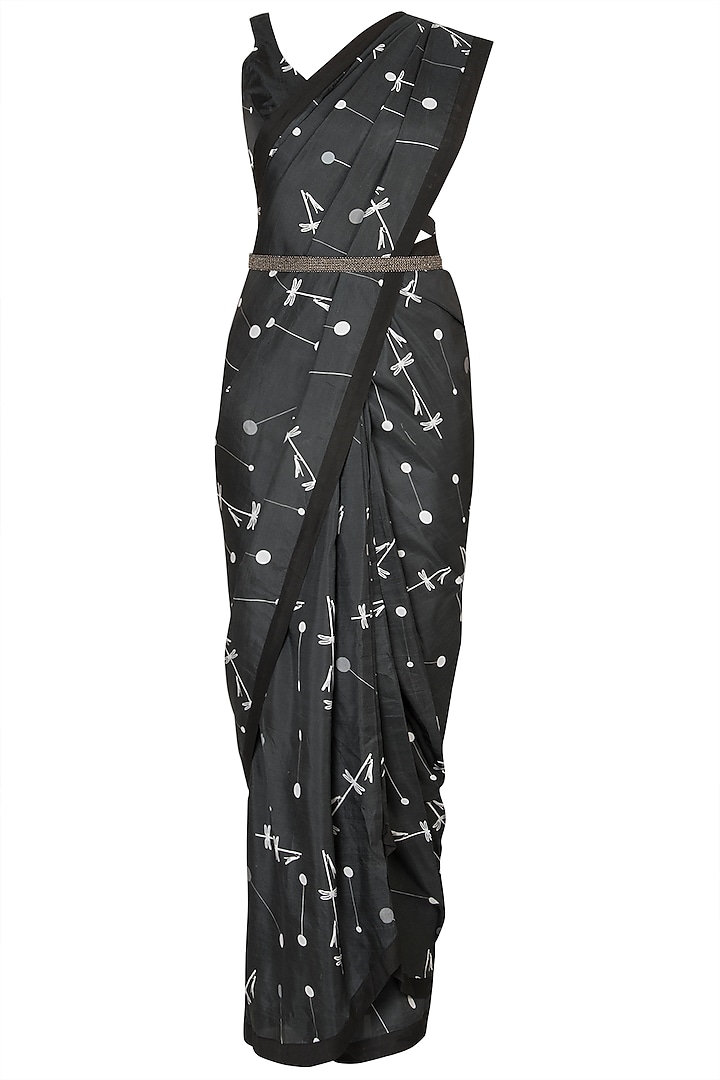 Black Printed Saree Set With Belt by Arya by SVA