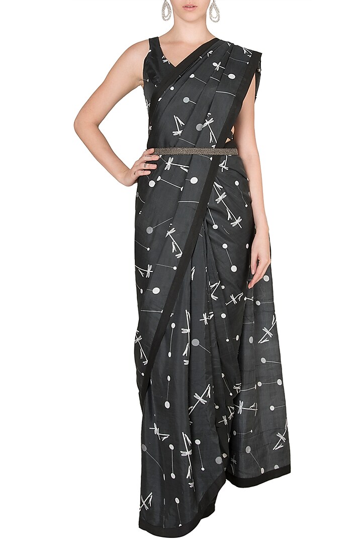 Black Printed Wedding Saree Set With Belt by Arya by SVA at Pernia's Pop Up Shop