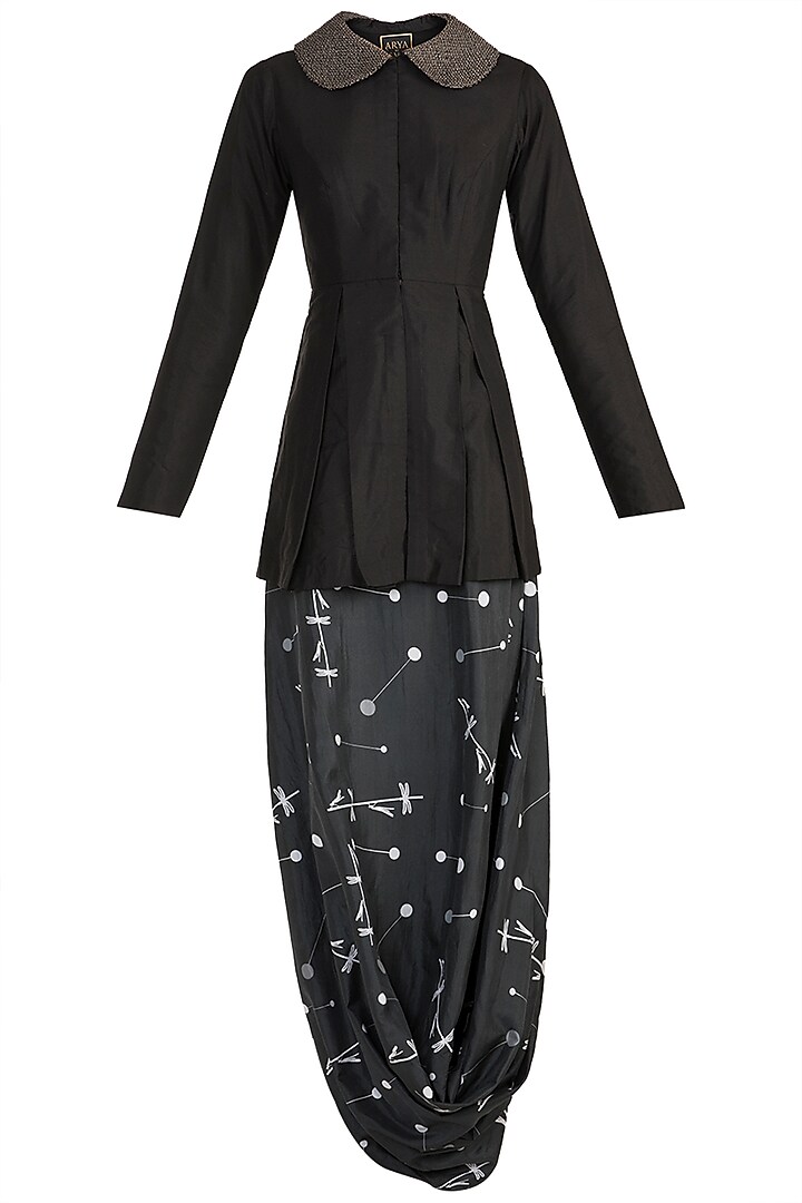 Black Peplum Top With Embroidered Printed Drape Skirt by Arya by SVA