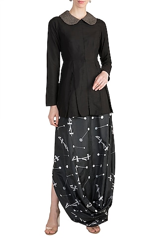 Black Peplum Top With Embroidered Printed Drape Skirt by Arya by SVA