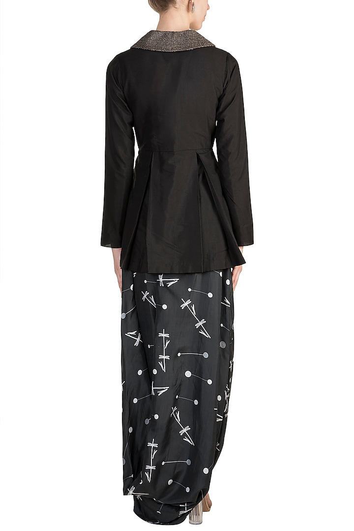 Black Peplum Top With Embroidered Printed Drape Skirt by Arya by SVA at Pernia's Pop Up Shop