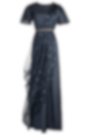 Midnight Blue Jumpsuit With Embroidered Printed Drape by Arya by SVA