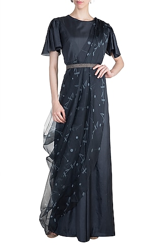 Midnight Blue Jumpsuit With Embroidered Printed Drape by Arya by SVA