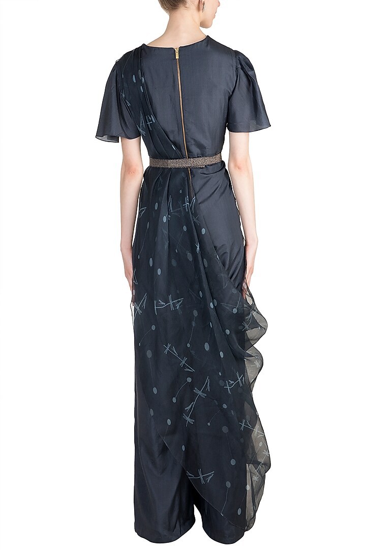 Midnight Blue Jumpsuit With Embroidered Printed Drape by Arya by SVA at Pernia's Pop Up Shop