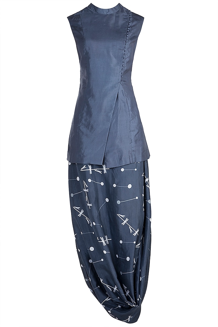 Navy Blue Kedia Jacket With Printed Drape Skirt by Arya by SVA