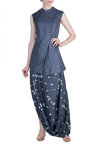 Navy Blue Kedia Jacket With Printed Drape Skirt by Arya by SVA