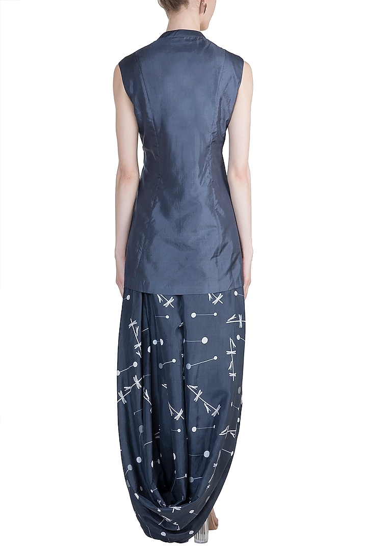 Navy Blue Kedia Jacket With Printed Drape Skirt by Arya by SVA at Pernia's Pop Up Shop