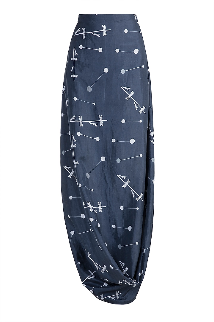 Navy Blue Kedia Jacket With Printed Drape Skirt by Arya by SVA at Pernia's Pop Up Shop