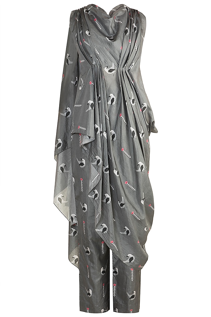 Grey Crop Top With Printed Attached Drape & Pants by Arya by SVA