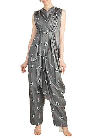 Grey Crop Top With Printed Attached Drape & Pants by Arya by SVA