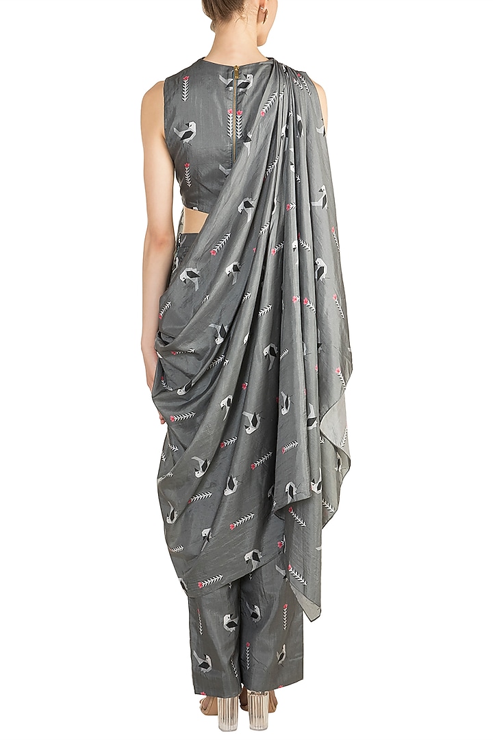 Grey Crop Top With Printed Attached Drape & Pants by Arya by SVA at Pernia's Pop Up Shop