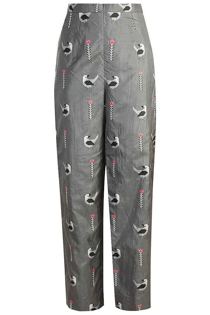 Grey Crop Top With Printed Attached Drape & Pants by Arya by SVA at Pernia's Pop Up Shop