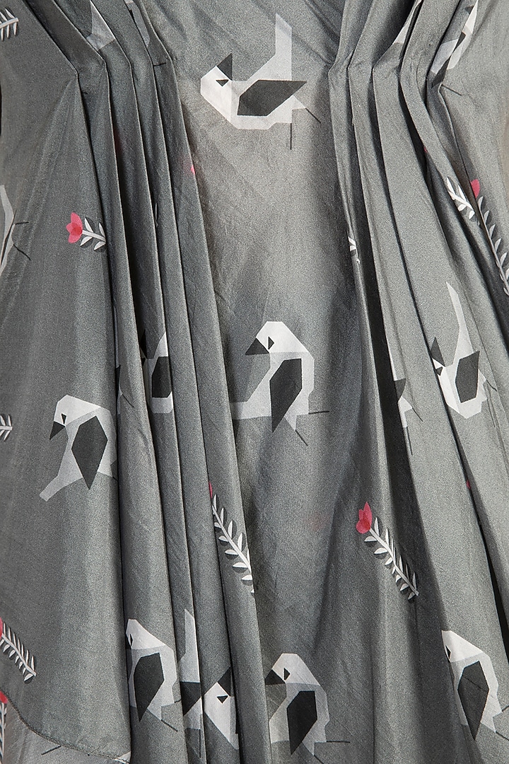 Grey Crop Top With Printed Attached Drape & Pants by Arya by SVA at Pernia's Pop Up Shop