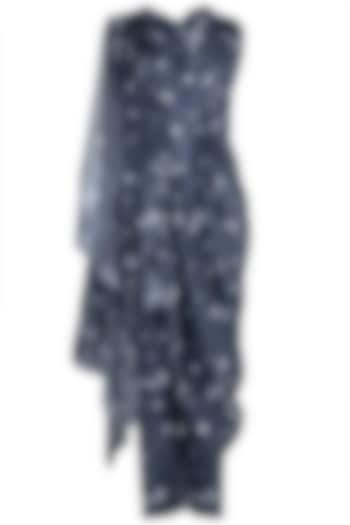 Midnight Blue Crop Top With Printed Attached Drape & Pants by Arya by SVA