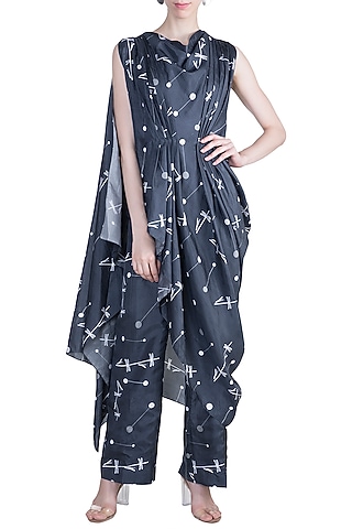 Midnight Blue Crop Top With Printed Attached Drape & Pants by Arya by SVA