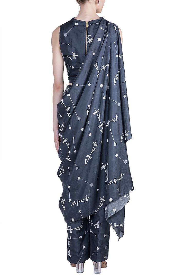 Midnight Blue Crop Top With Printed Attached Drape & Pants by Arya by SVA at Pernia's Pop Up Shop