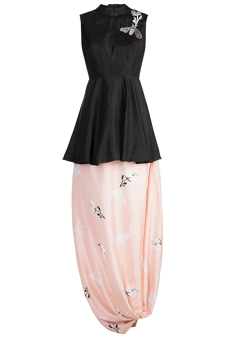 Black Embroidered Top With Nude Printed Drape Skirt by Arya by SVA