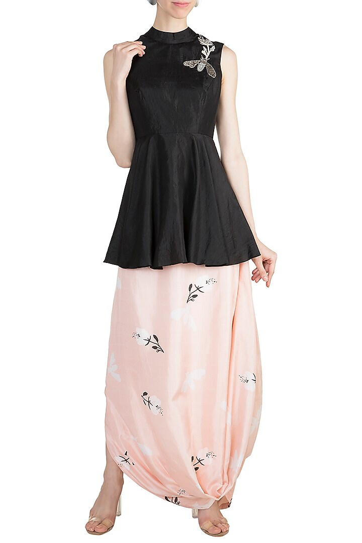 Black Embroidered Top With Nude Printed Drape Skirt by Arya by SVA at Pernia's Pop Up Shop
