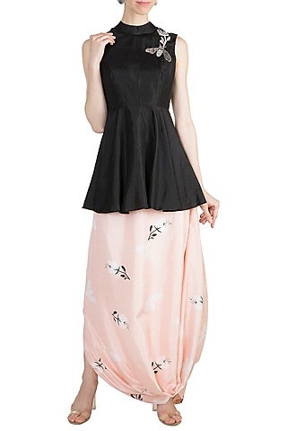 Black Embroidered Top With Nude Printed Drape Skirt by Arya by SVA